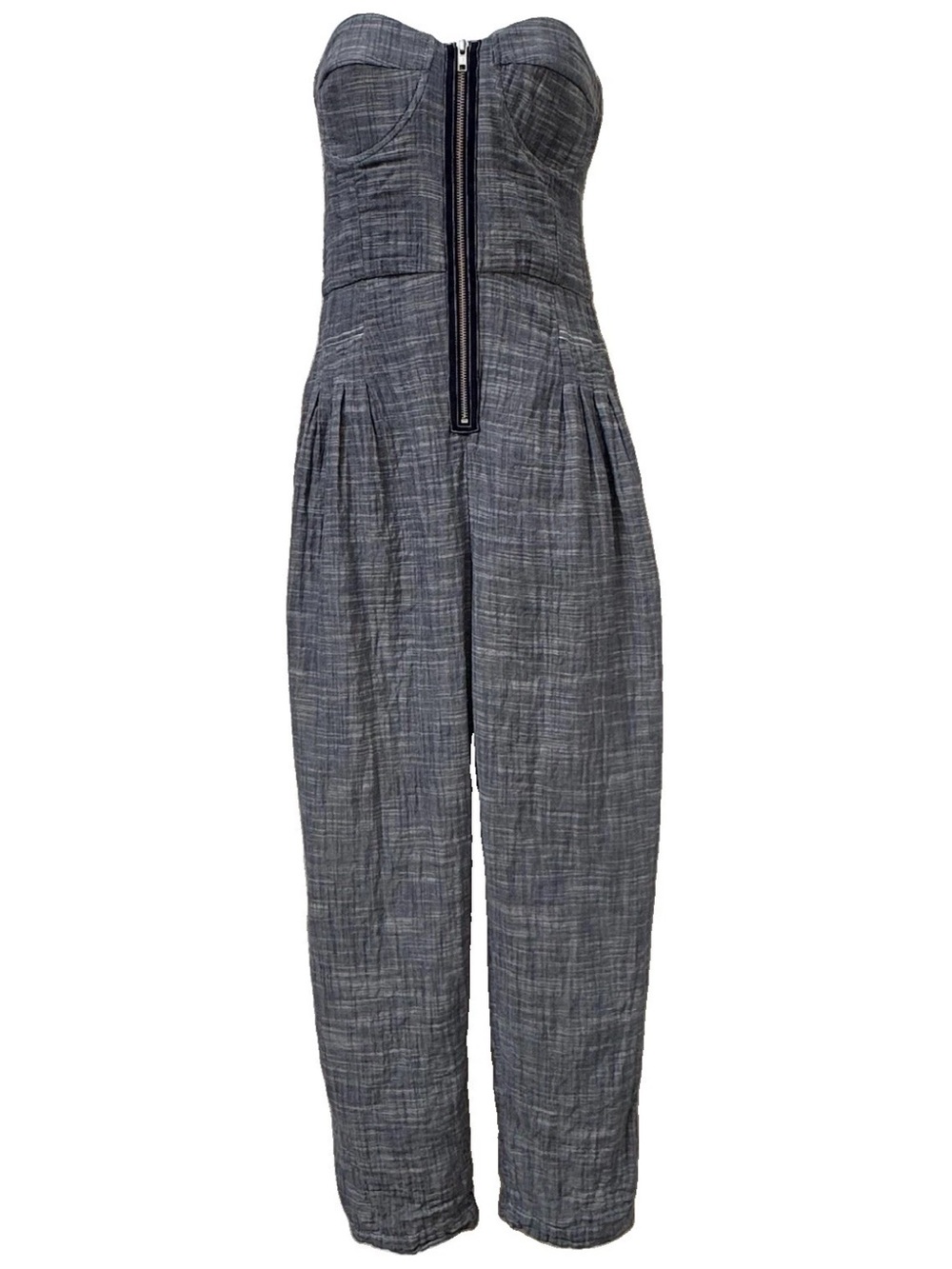 L'Academie Estelle Jumpsuit Dusty Blue XL Textured Cotton Strapless Front Zip